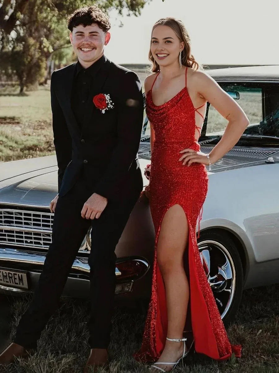 Mermaid Halter Draped Neck Sequins Red Long Prom Dress With Split