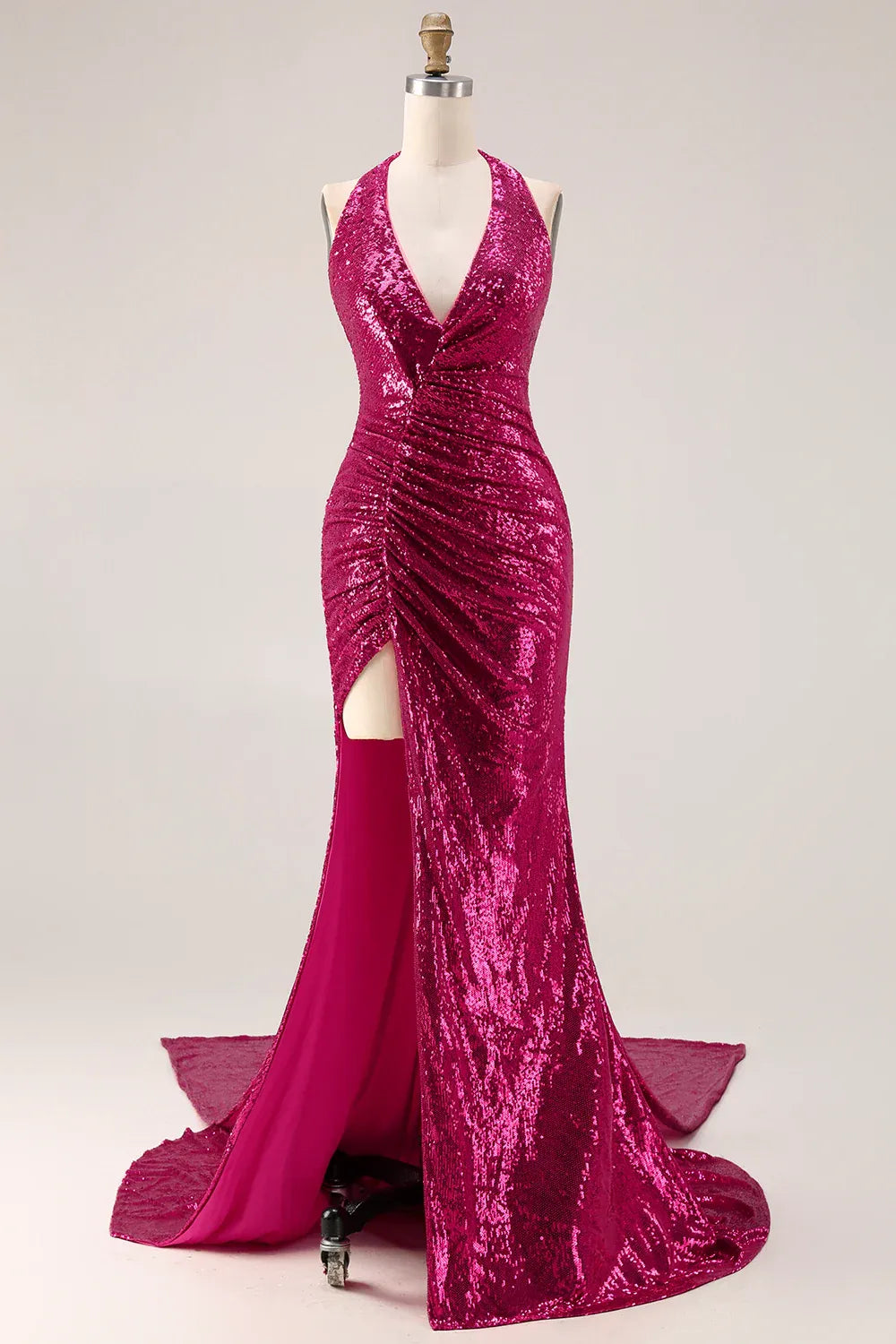 Mermaid Halter High Slit Sequin Fuchsia Train Evening Dress With Streamer