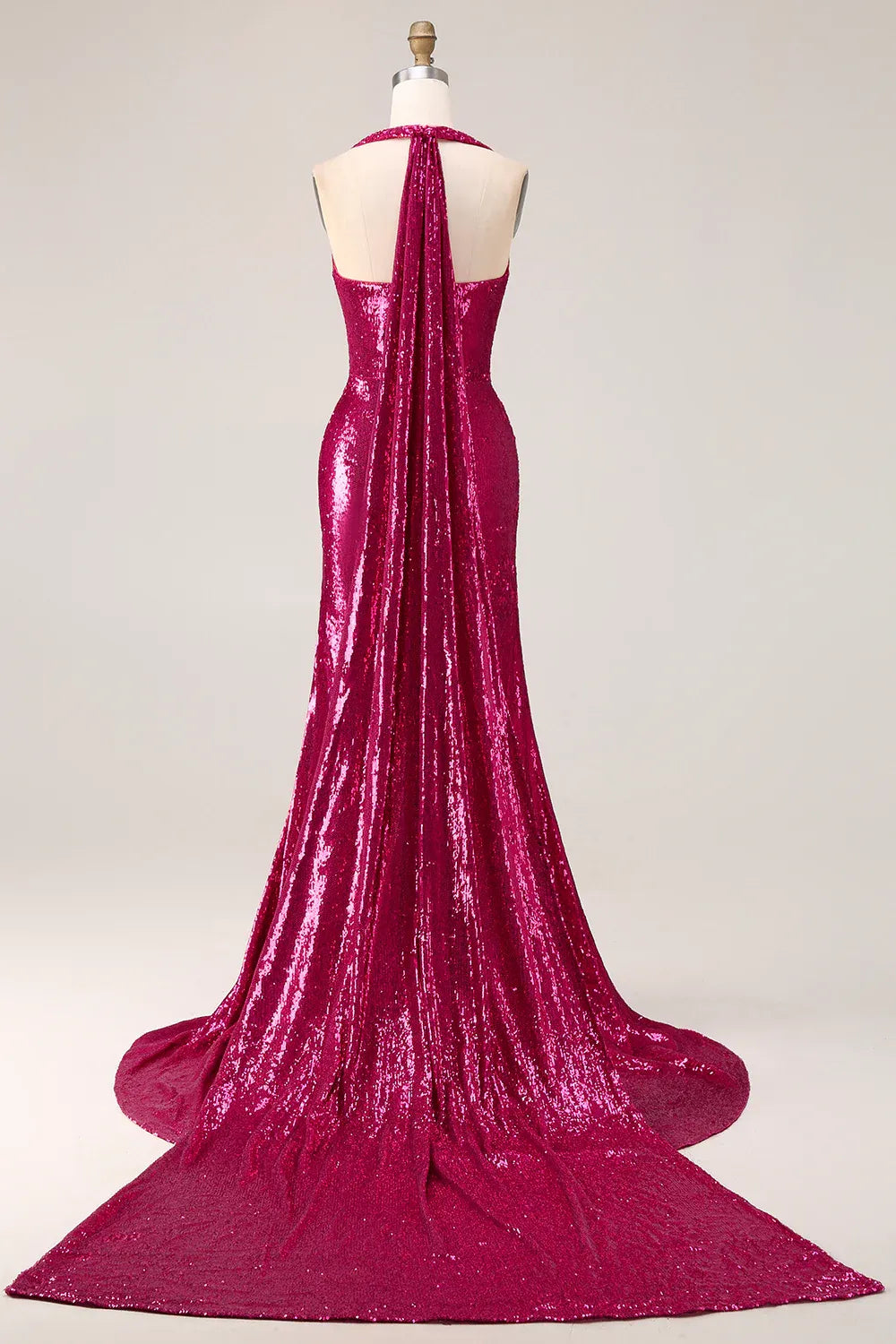 Mermaid Halter High Slit Sequin Fuchsia Train Evening Dress With Streamer