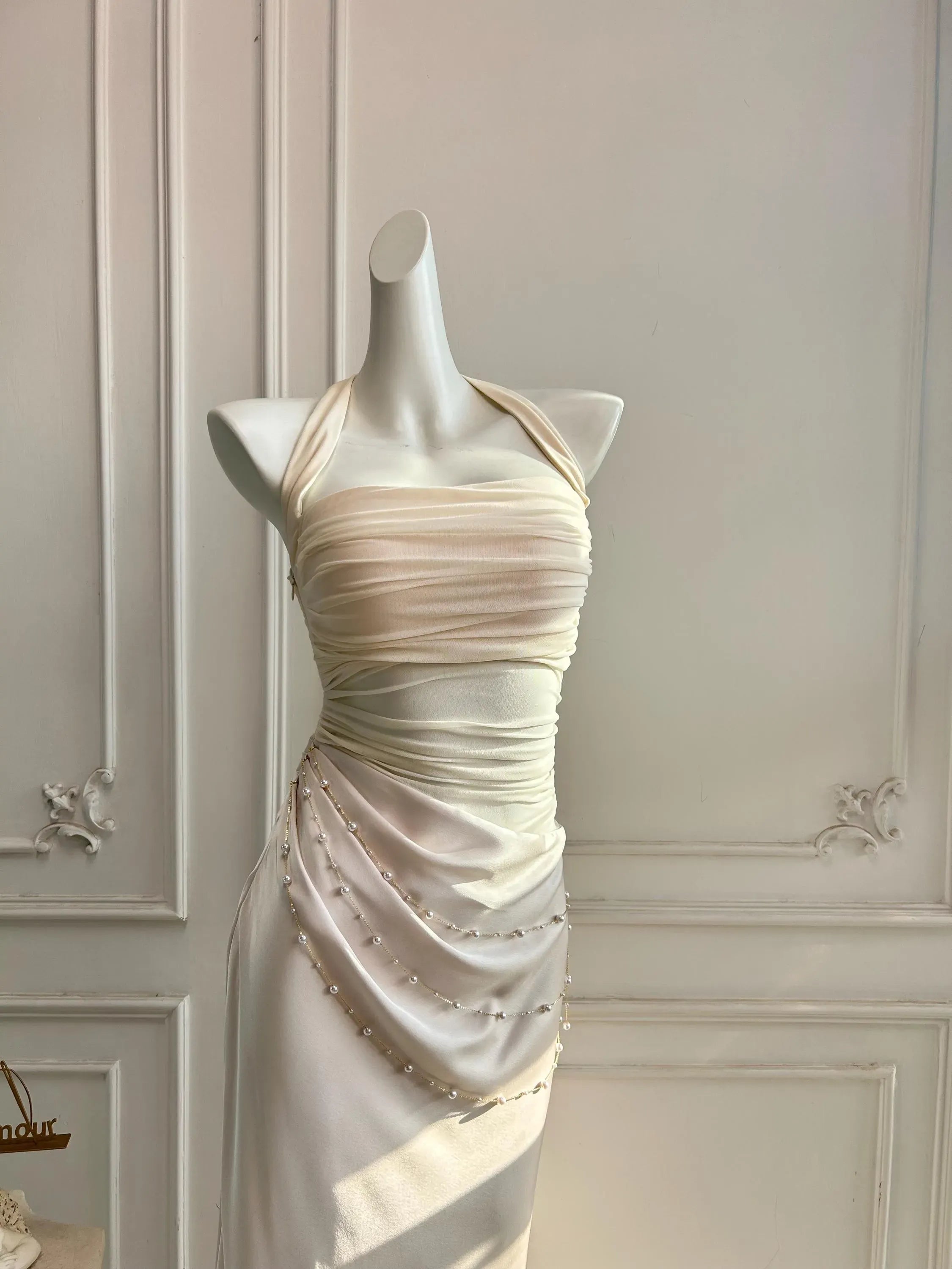 Mermaid Halter Neck Beaded Ruched Chiffon Ivory Floor-Length Prom Dress