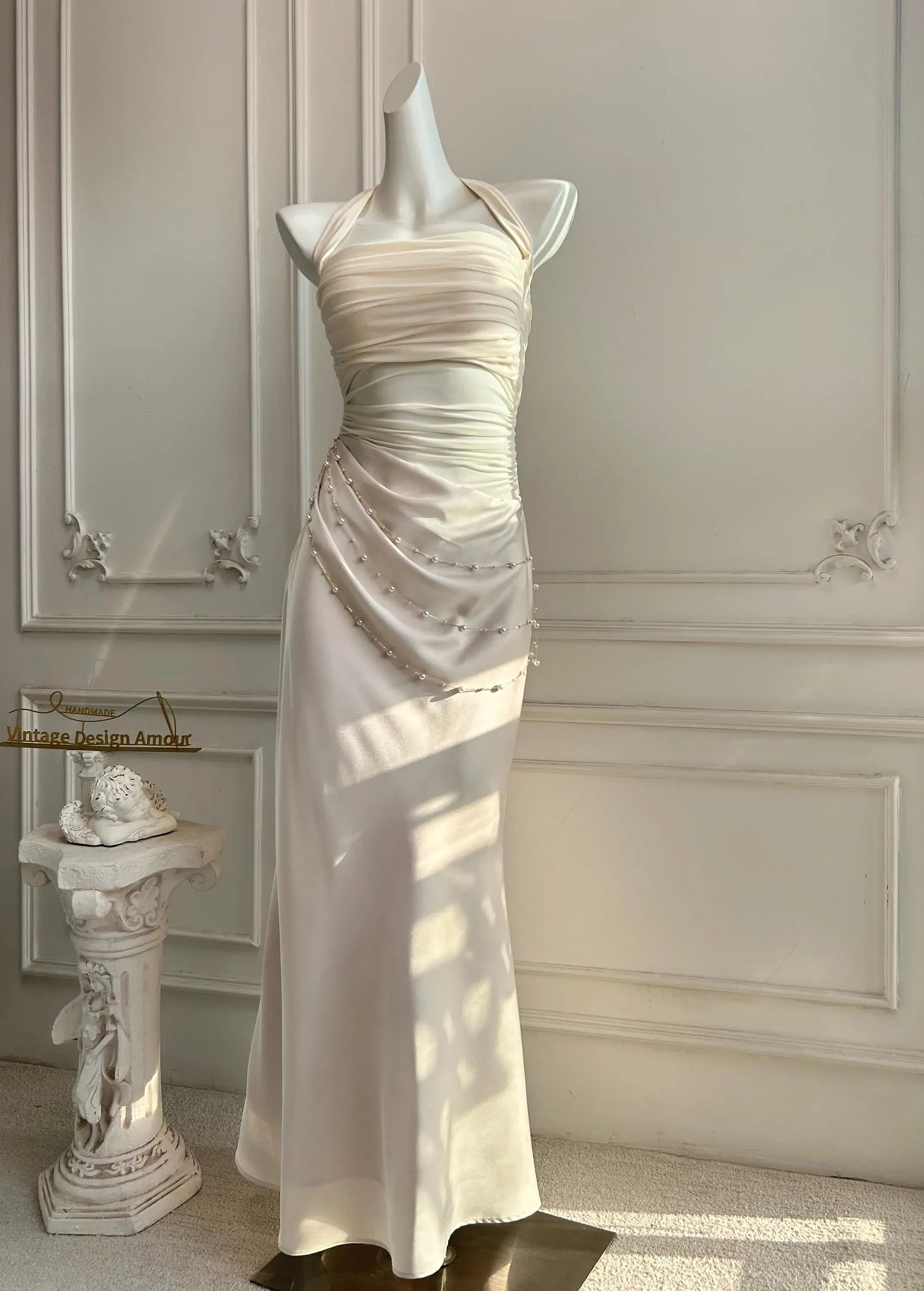 Mermaid Halter Neck Beaded Ruched Chiffon Ivory Floor-Length Prom Dress