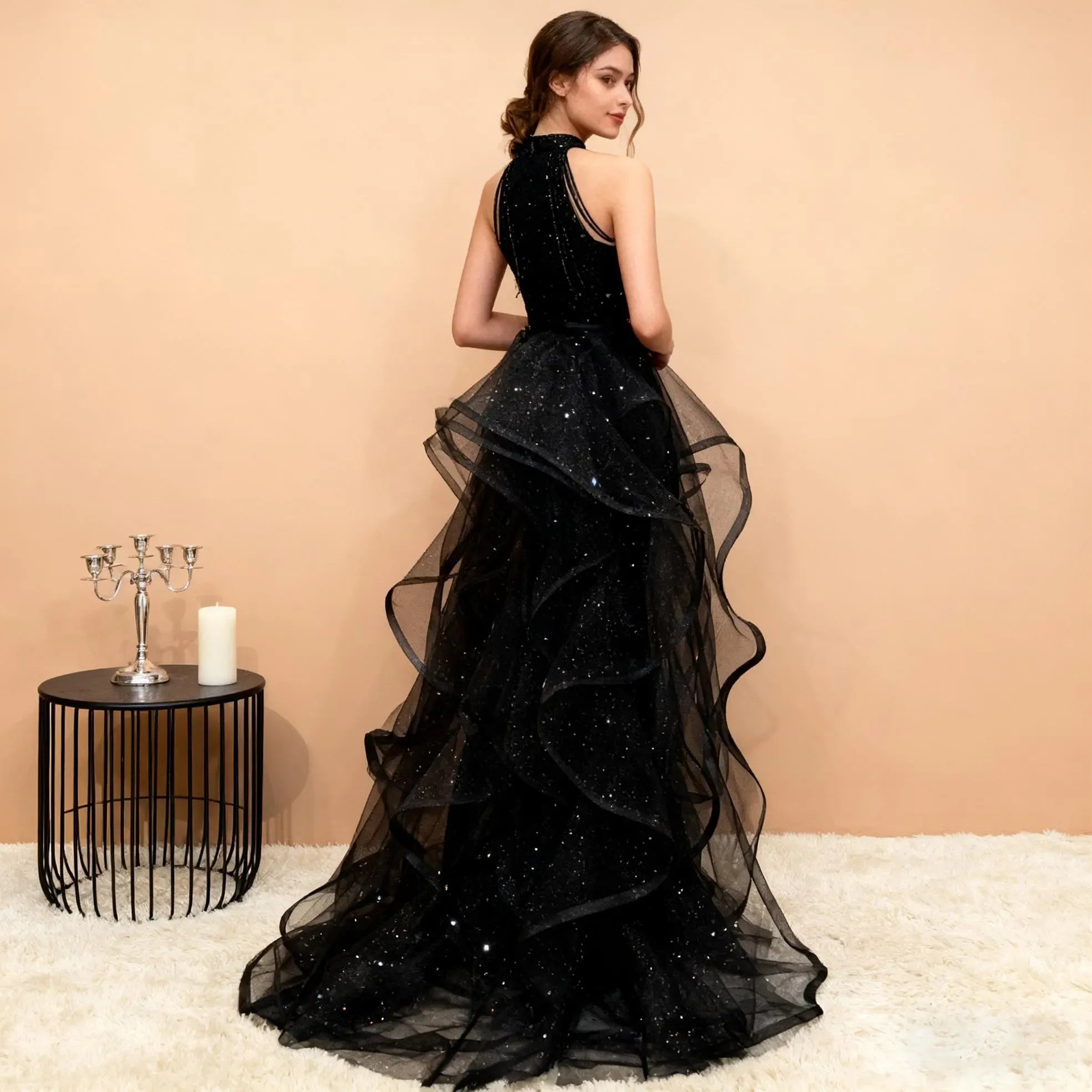 Mermaid Halter Neck Layers Sparkly Tulle Sequins Black Floor Length Prom Dress