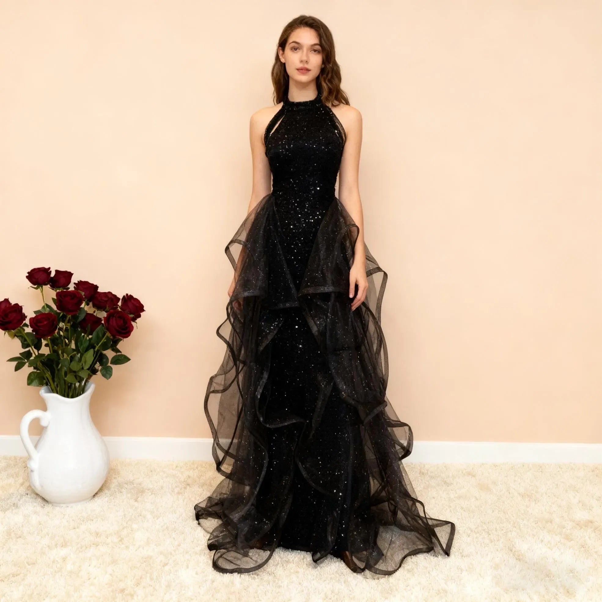 Mermaid Halter Neck Layers Sparkly Tulle Sequins Black Floor Length Prom Dress