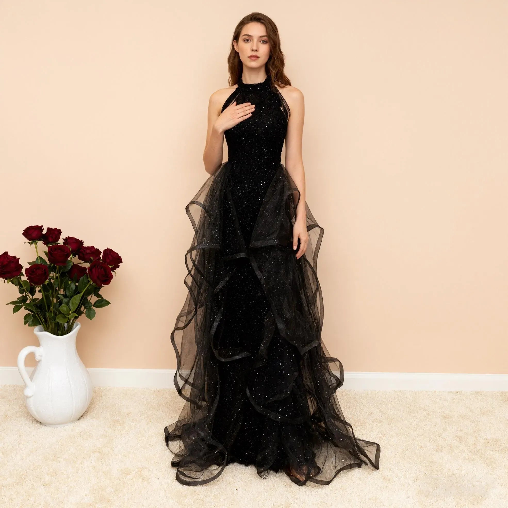 Mermaid Halter Neck Layers Sparkly Tulle Sequins Black Floor Length Prom Dress