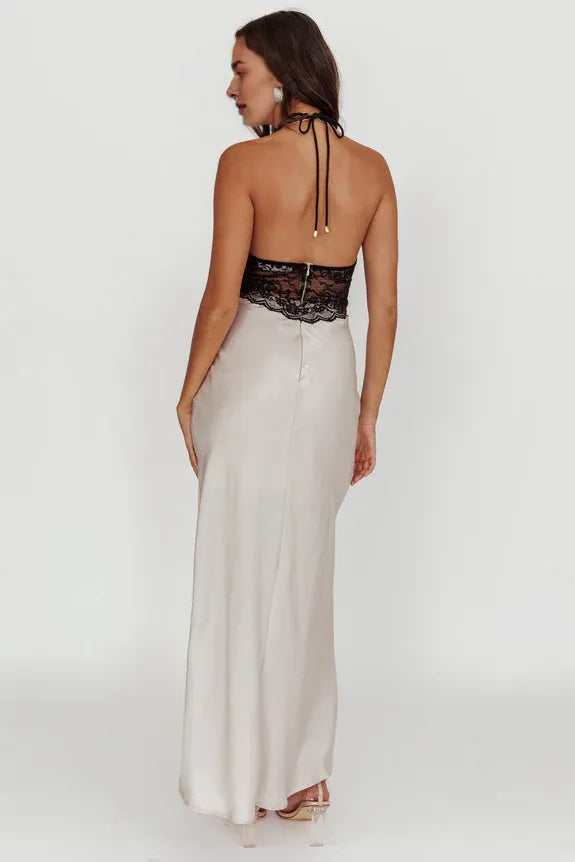 Mermaid Halter Neck Open Back Satin Lace Champagne Maxi Evening Dress