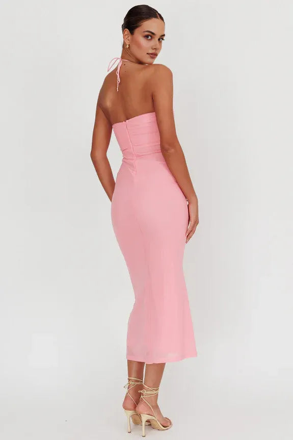 Mermaid Halter Neck Rosette Bodycon Open Back Pink Midi Evening Dress
