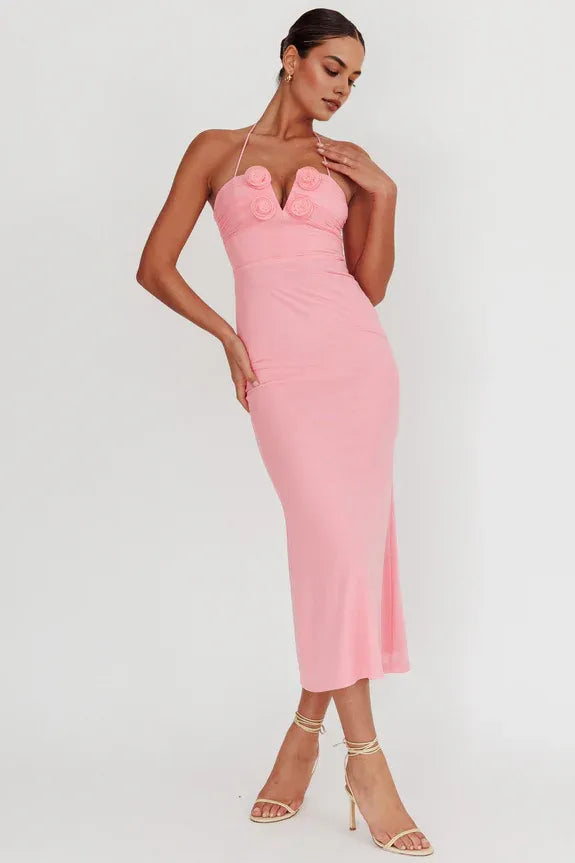 Mermaid Halter Neck Rosette Bodycon Open Back Pink Midi Evening Dress