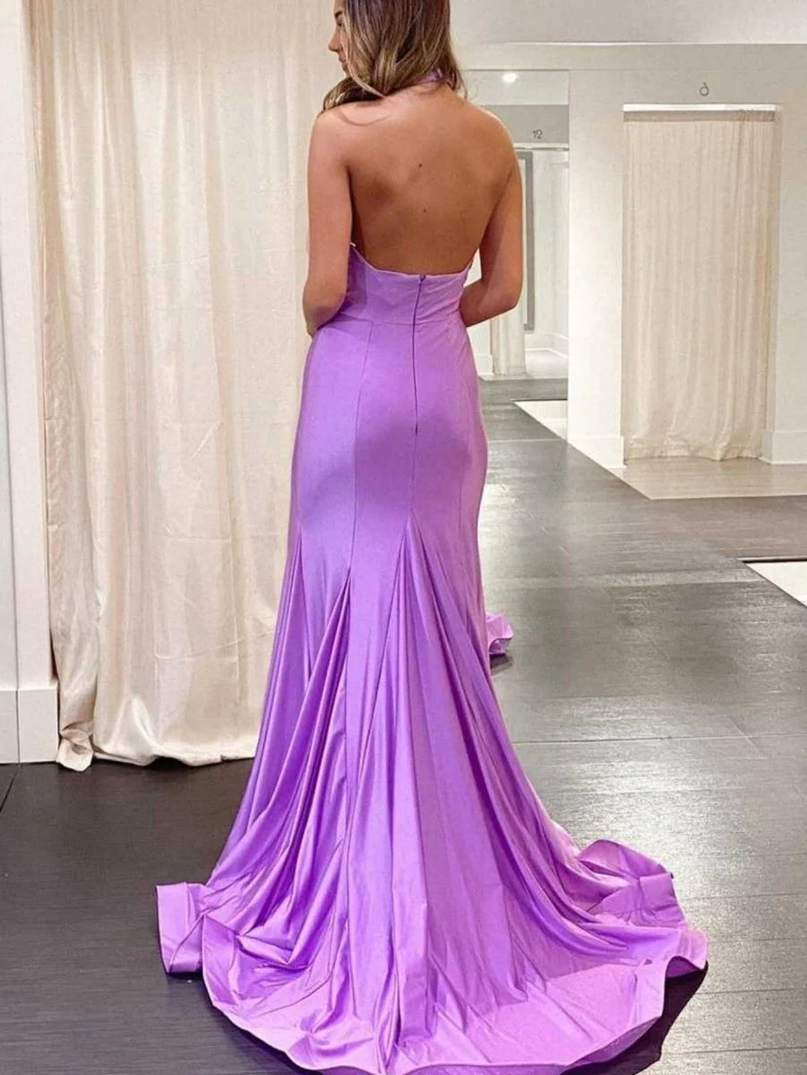 Mermaid Halter Neck Satin Purple Long Evening Dress With Sweep Train