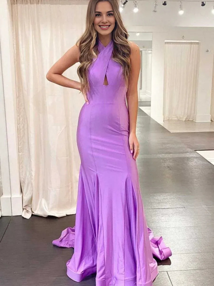 Mermaid Halter Neck Satin Purple Long Evening Dress With Sweep Train