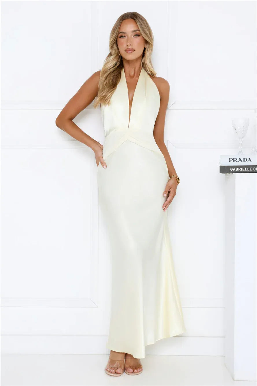 Mermaid Halter Open Back Fitted Satin Cream Long Prom Dress Ready To Ship