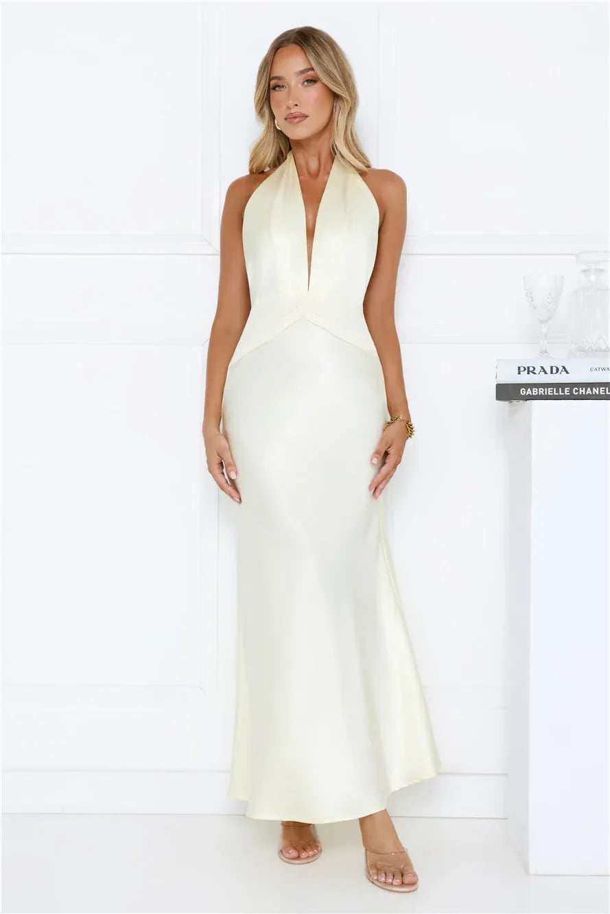 Mermaid Halter Open Back Fitted Satin Cream Long Prom Dress Ready To Ship