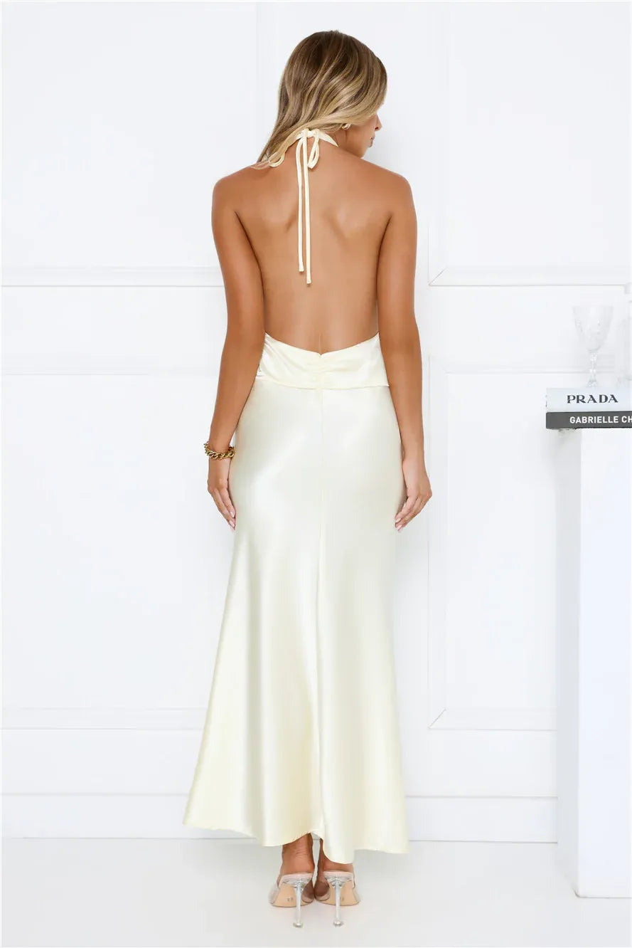 Mermaid Halter Open Back Fitted Satin Cream Long Prom Dress Ready To Ship