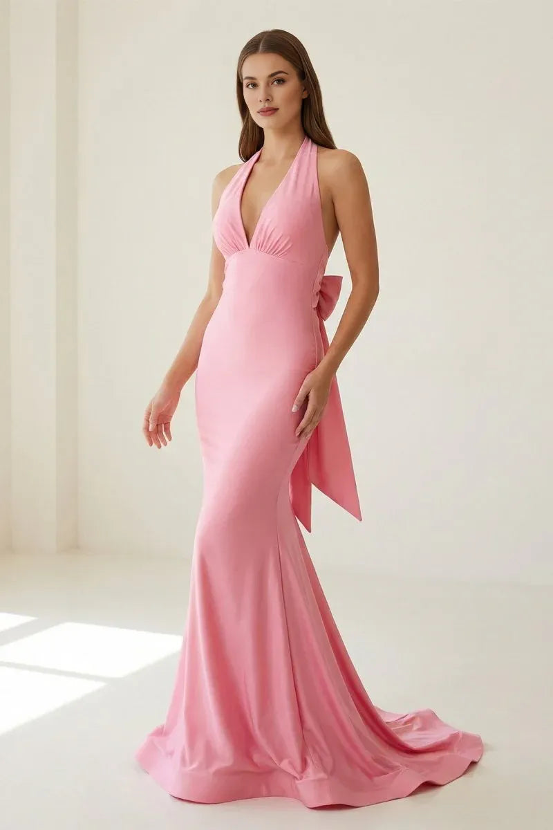 Mermaid Halter Open Back Satin Pink Evenings Dresses With Bow