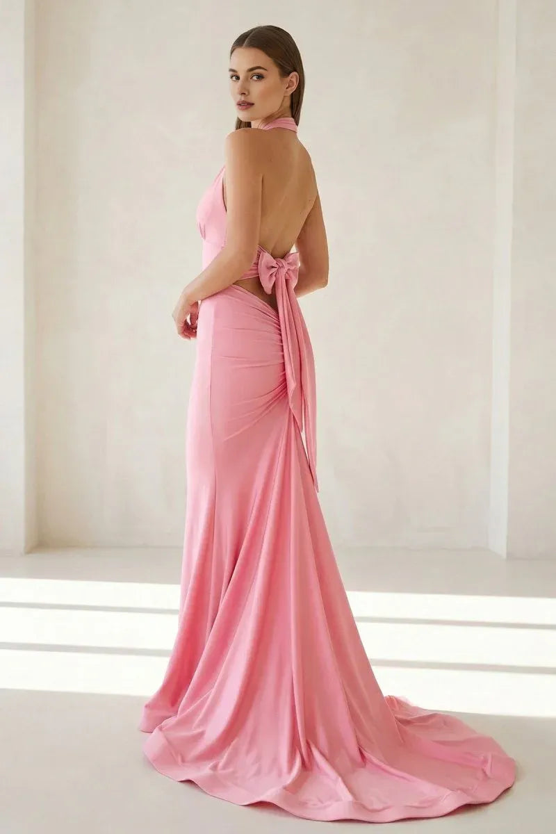 Mermaid Halter Open Back Satin Pink Evenings Dresses With Bow