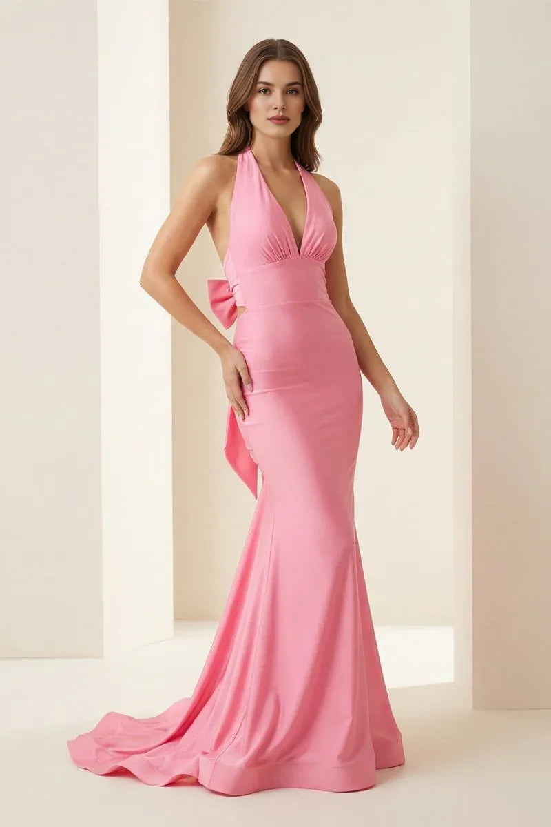 Mermaid Halter Open Back Satin Pink Evenings Dresses With Bow
