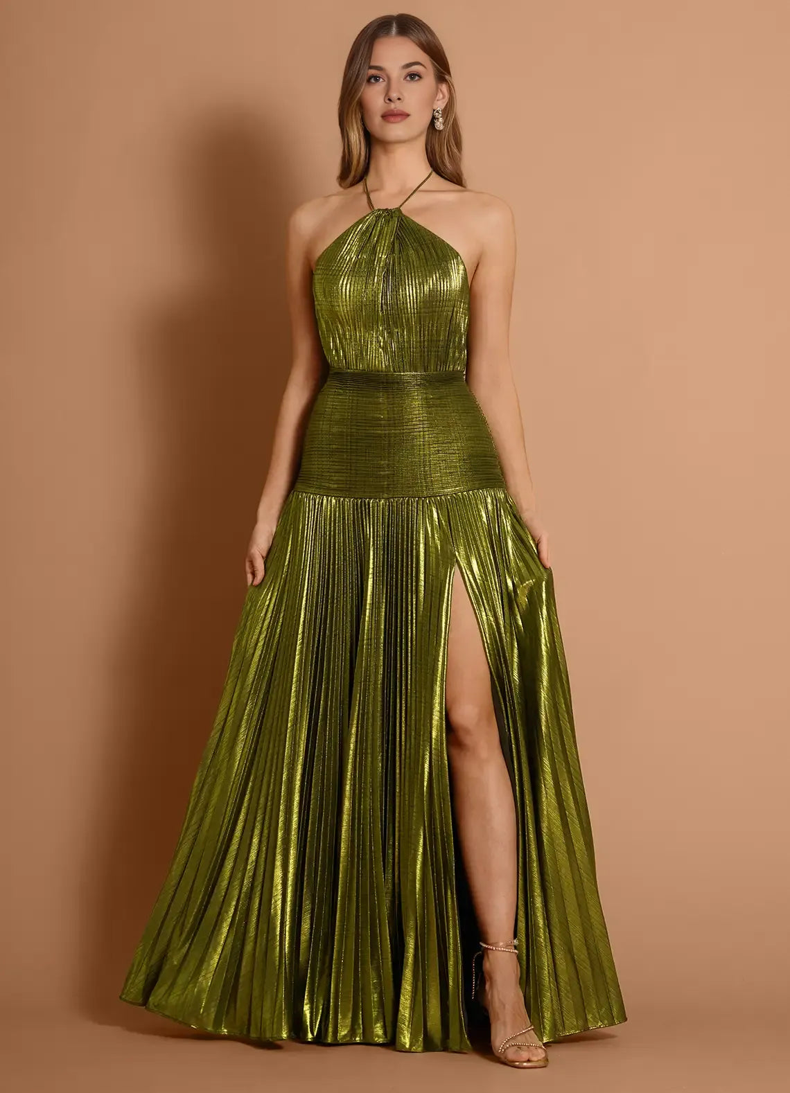 Mermaid Halter Pleated Metallic Olive Maxi Evening Dress With Slit