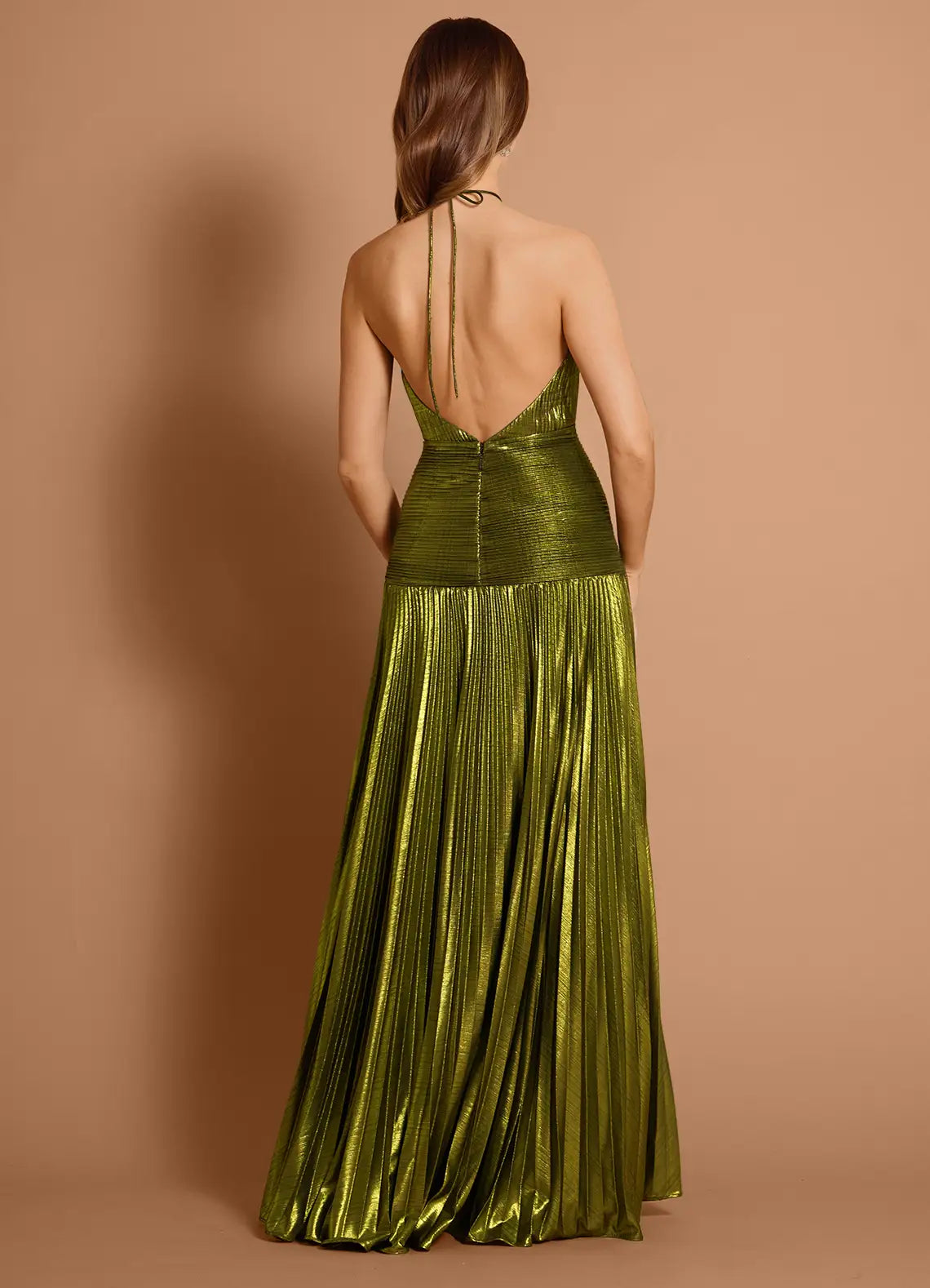 Mermaid Halter Pleated Metallic Olive Maxi Evening Dress With Slit