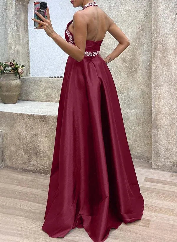 Mermaid Halter Ruched High Slit Burgundy Floor Length Prom Dress With Rhinestones