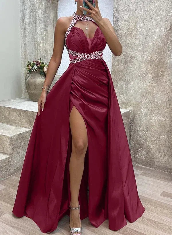Mermaid Halter Ruched High Slit Burgundy Floor Length Prom Dress With Rhinestones