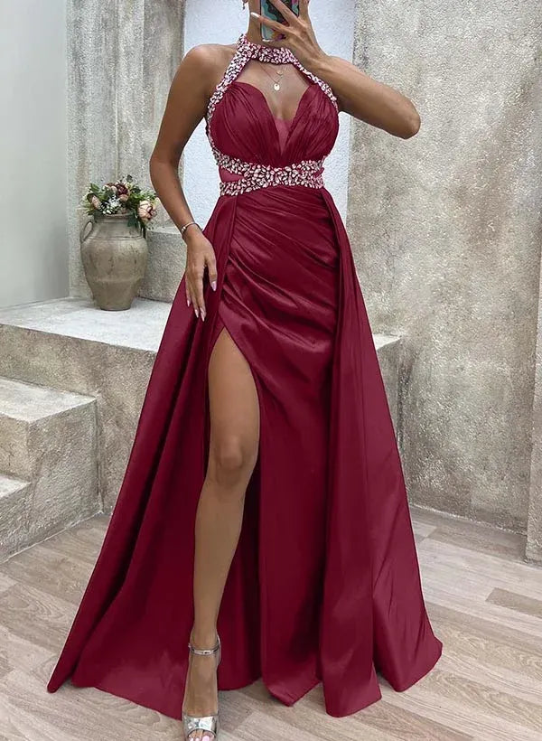 Mermaid Halter Ruched High Slit Burgundy Floor Length Prom Dress With Rhinestones