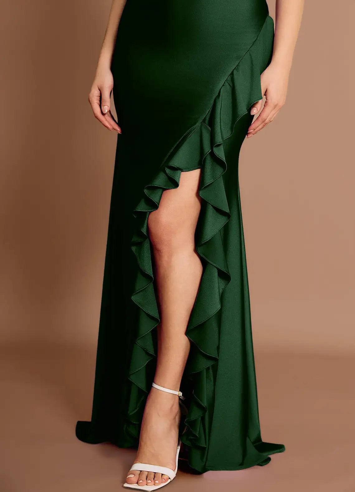 Mermaid Halter Ruffle Open Back Satin Emerald Maxi Evening Dress For Women