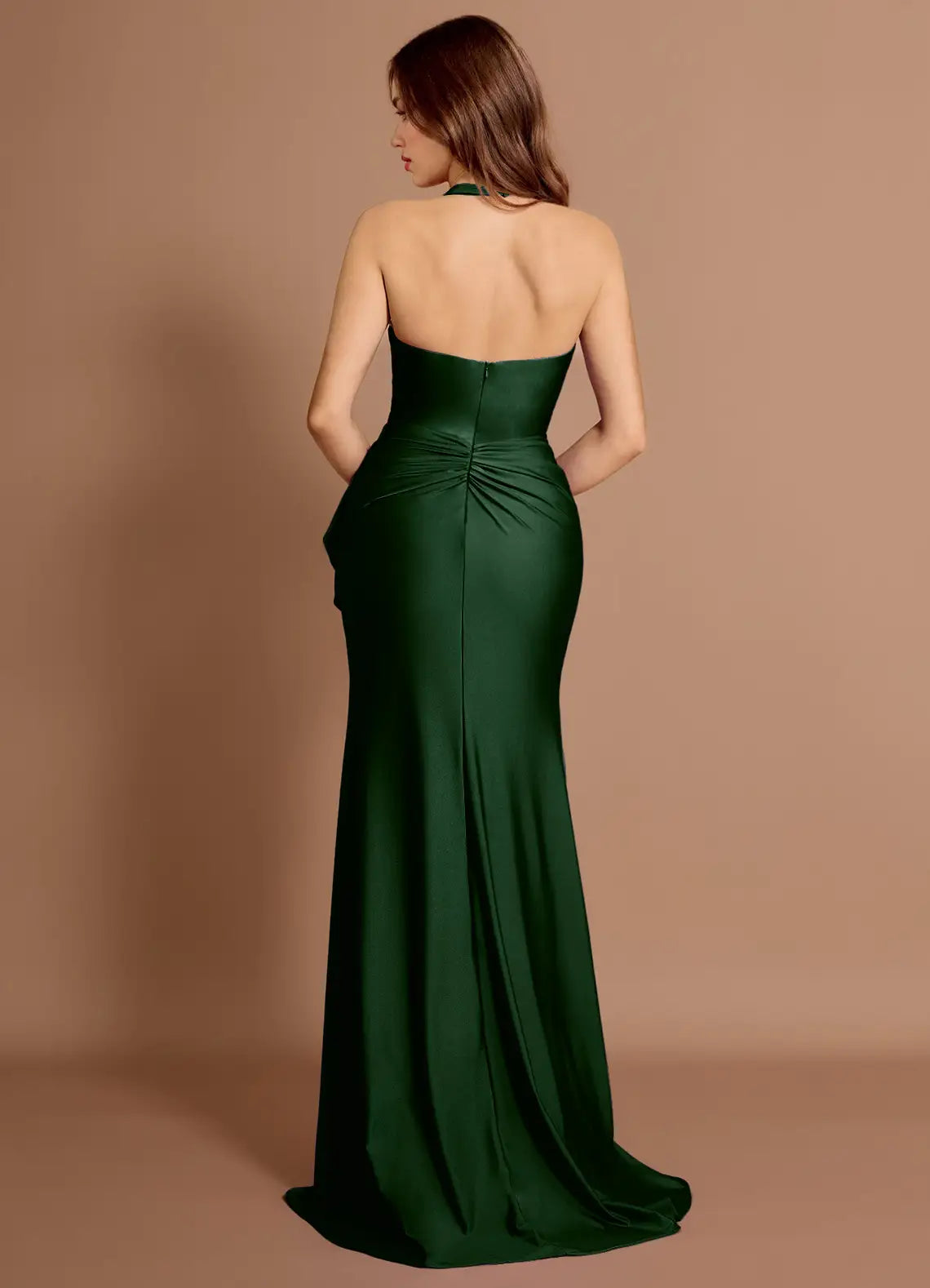Mermaid Halter Ruffle Open Back Satin Emerald Maxi Evening Dress For Women