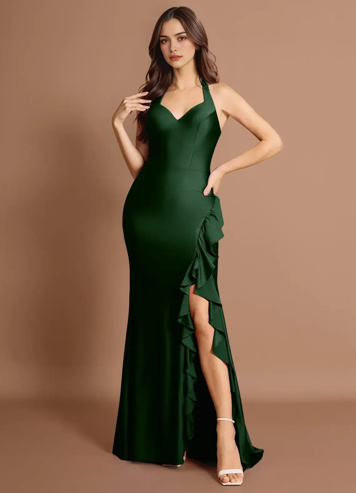 Mermaid Halter Ruffle Open Back Satin Emerald Maxi Evening Dress For Women