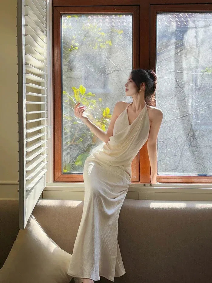 Mermaid Halter Slanted Beaded Off White Long Evening Dress Prom Dress