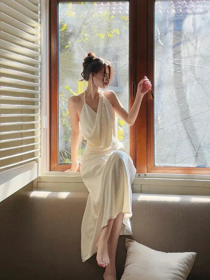 Mermaid Halter Slanted Beaded Off White Long Evening Dress Prom Dress