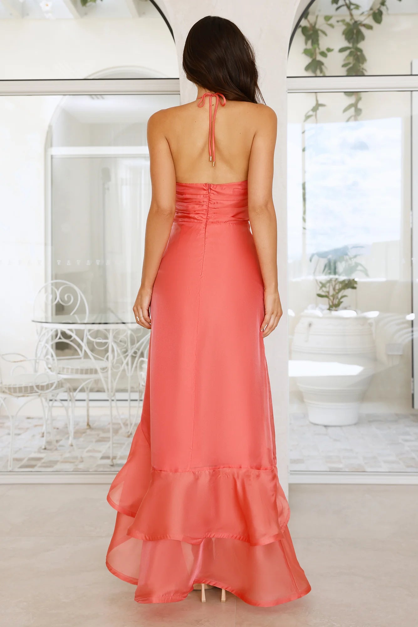 Mermaid Halter Tie Pleated Layered Peach Maxi Prom Dress With Slit Custom