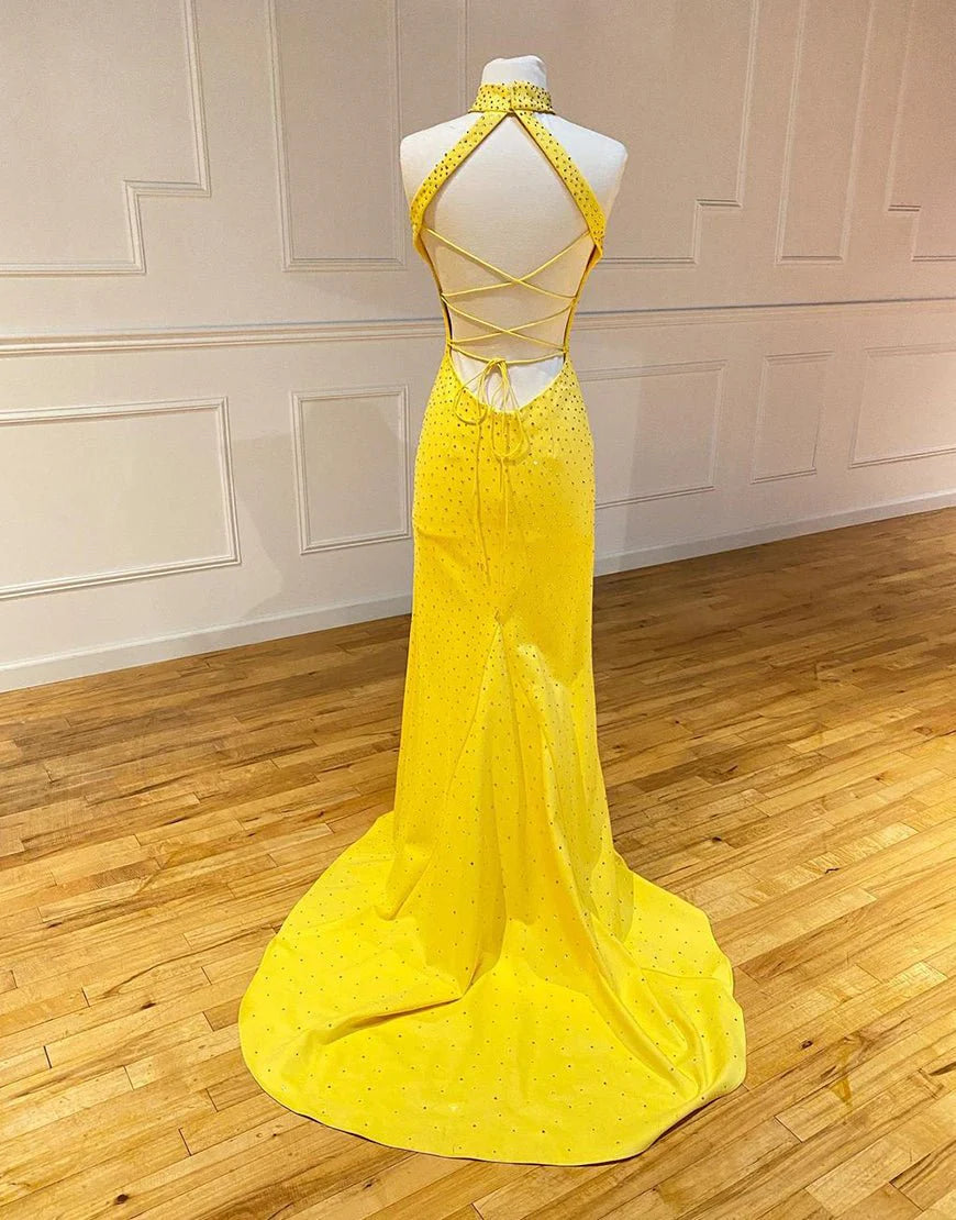 Mermaid High Neck Sleeveless Beaded Satin Yellow Evening Dress With Split
