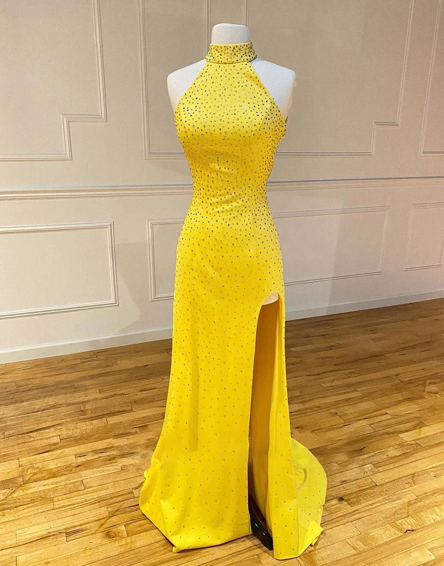Mermaid High Neck Sleeveless Beaded Satin Yellow Evening Dress With Split