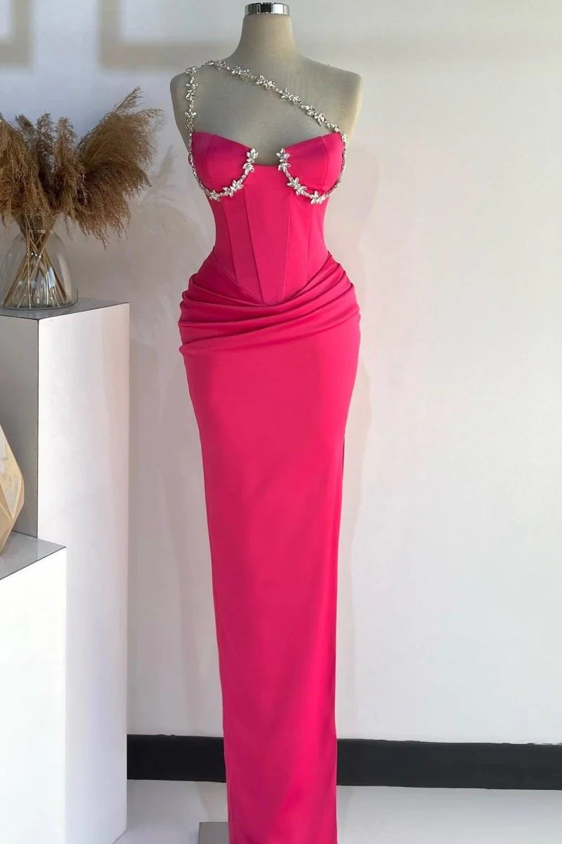 Mermaid Hot Pink Satin One Shoulder Pleated Long Prom Dresses With Rhinestones Discount Long Evening Dresses