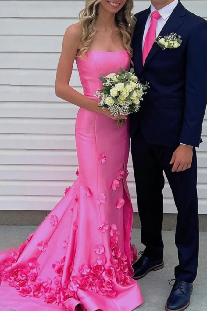 Mermaid Hot Pink Strapless Sleeveless Appliques Long Prom Dress With Sweep Train Discount Long Party Dresses