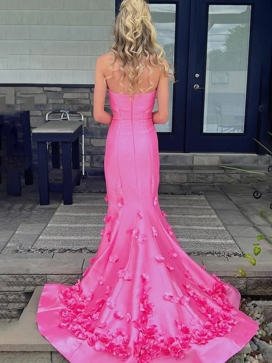 Mermaid Hot Pink Strapless Sleeveless Appliques Long Prom Dress With Sweep Train Discount Long Party Dresses