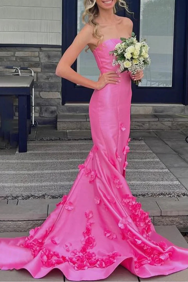 Mermaid Hot Pink Strapless Sleeveless Appliques Long Prom Dress With Sweep Train Discount Long Party Dresses