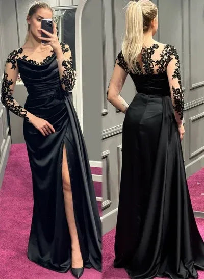 Mermaid Illusion Neck Long Sleeve Lace Satin Black Long Prom Dress With Slit