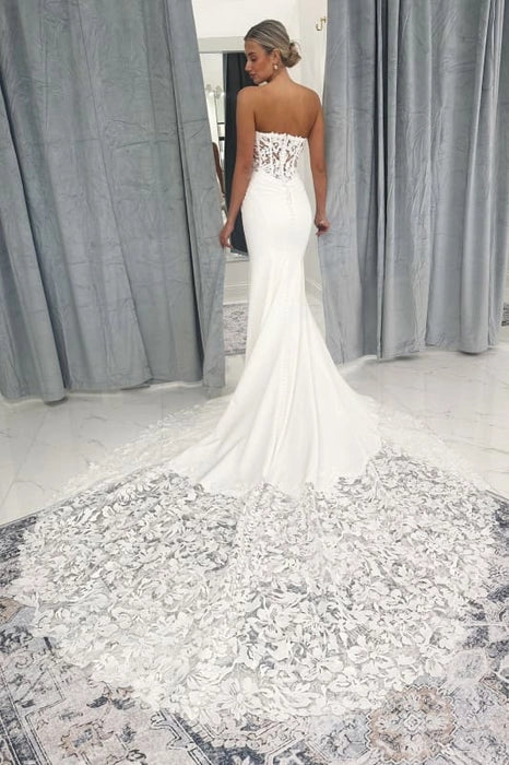 Mermaid Lace Appliques Strapless Sweetheart Neck Long Wedding Dress With Overlength Train