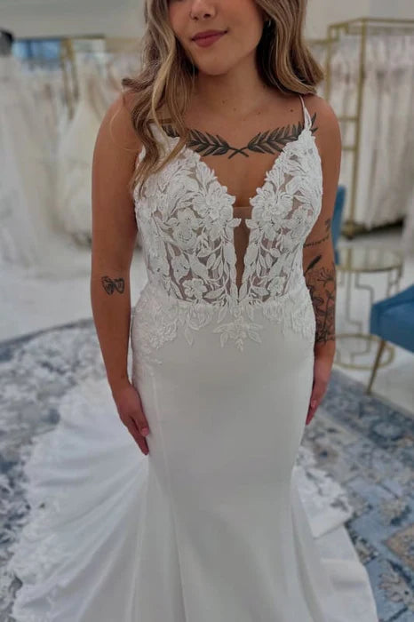 Mermaid Lace With Applique Spaghetti Strap Deep V Neck Wedding Dresses Chapel Train