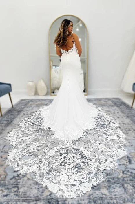 Mermaid Lace With Applique Spaghetti Strap Deep V Neck Wedding Dresses Chapel Train