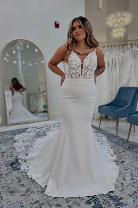 Mermaid Lace With Applique Spaghetti Strap Deep V Neck Wedding Dresses Chapel Train