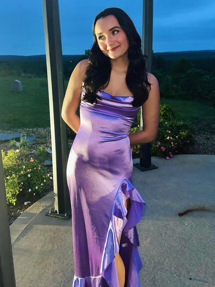 Mermaid Lavender Satin Cowl Neck Spaghetti Straps Ruffle Floor Length Long Prom Dress