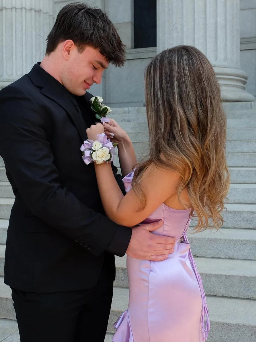 Mermaid Lavender Satin Cowl Neck Spaghetti Straps Ruffle Floor Length Long Prom Dress