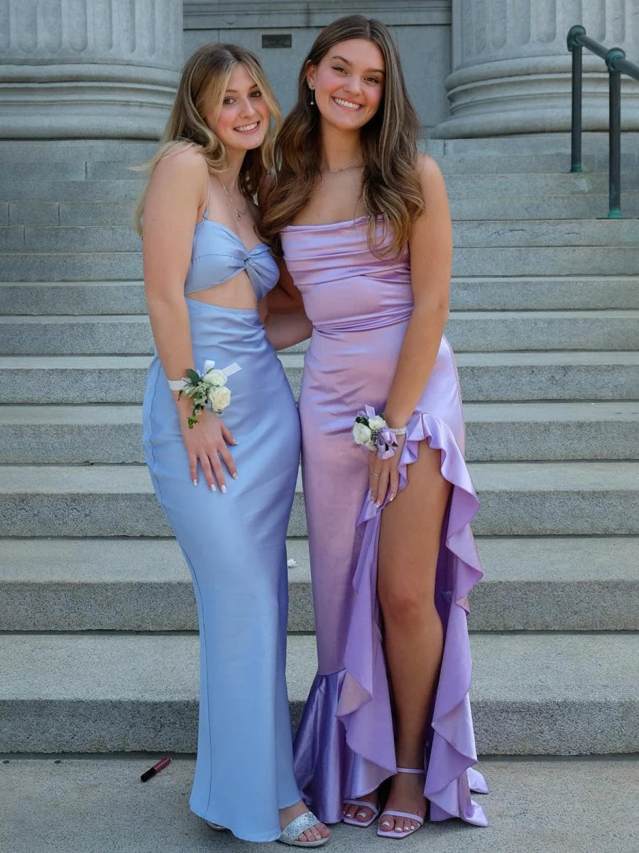 Mermaid Lavender Satin Cowl Neck Spaghetti Straps Ruffle Floor Length Long Prom Dress