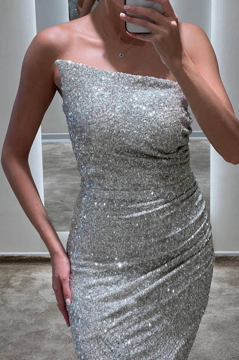 Mermaid Luxurious Silver Sequins Strapless Slimming Slit Long Prom Dress With Sweep Train