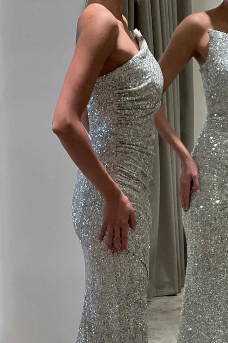 Mermaid Luxurious Silver Sequins Strapless Slimming Slit Long Prom Dress With Sweep Train