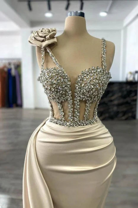 Mermaid Luxury Glitter Rhinestones Satin Sweetheart Sleeveless Prom Dresses With Sweep Train