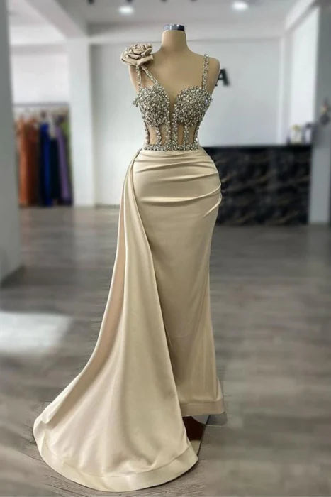 Mermaid Luxury Glitter Rhinestones Satin Sweetheart Sleeveless Prom Dresses With Sweep Train