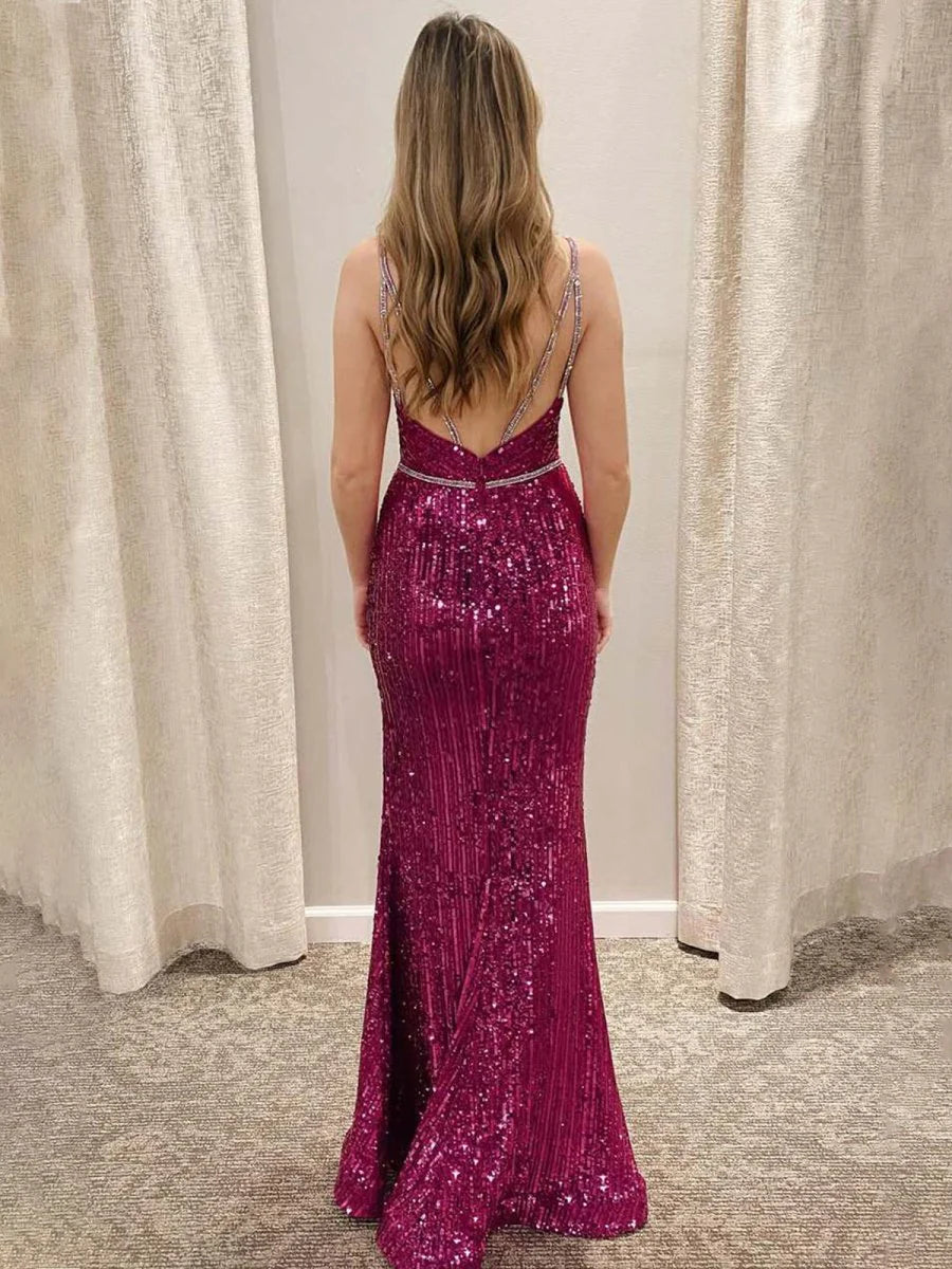Mermaid Magenta Sequin Deep V-Neck Spaghetti Straps Long Prom Dress With Slit Hot Sale Party Dresses for Women
