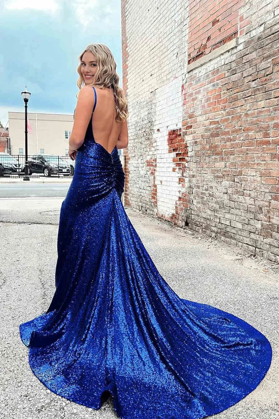 Mermaid V Neck Slit Sequin Royal Blue Evening Dress With Train